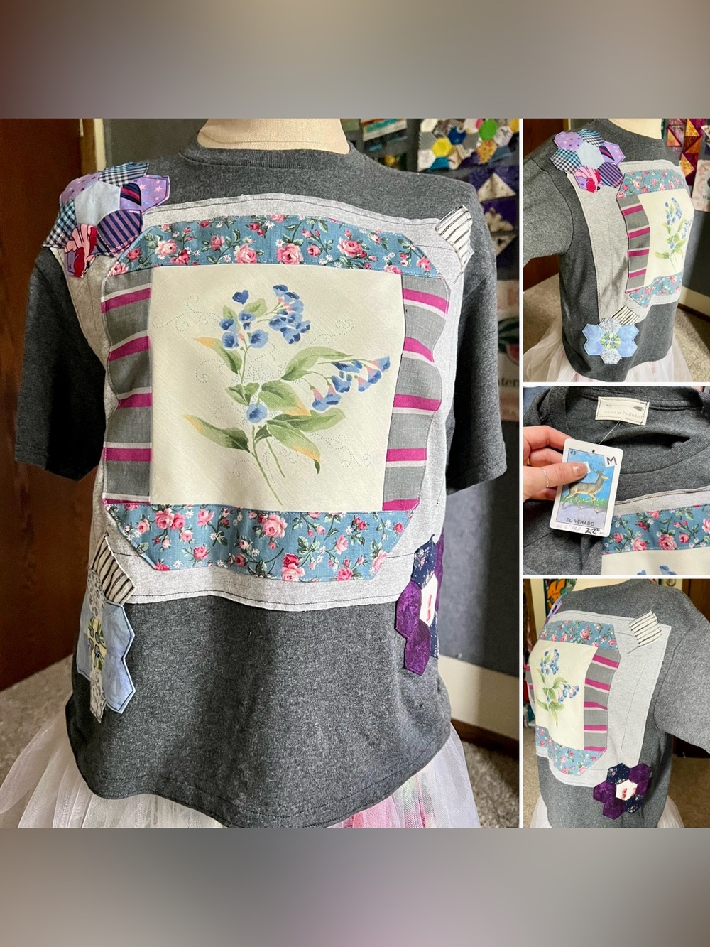 Quilty Crop Tee - Botanical Flowers and Hexie Flowers